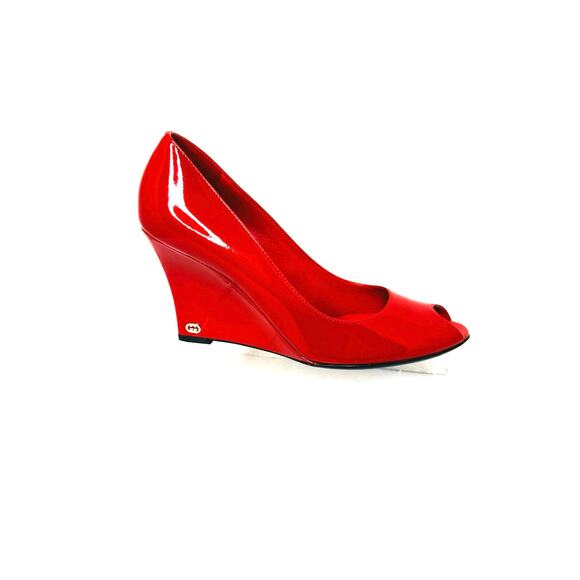Gucci Red Patent Leather Peep Toe Wedge Sandals heels Size 9B Made in Italy - Picture 9 of 9